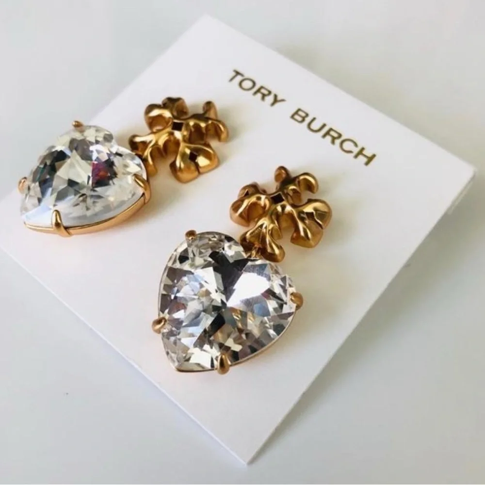 🔥🔥Tory Burch Authentic Roxanne Crystal Clear Heart Drop Earrings